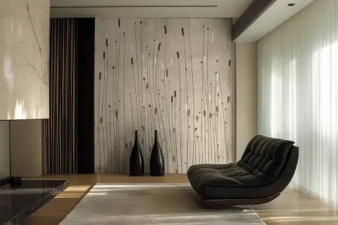 Nowoczesny salon z fototapetą przestrzenną imitującą trzciny. Czarna, designerska sofa i jasny dywan dopełniają wnętrze.
