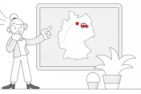 Zastanawiasz się nad homologacją swojego pojazdu? Mapa Niemiec z zaznaczoną trasą i czerwonym samochodem sugeruje podróż i formalności.