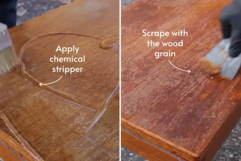 Learn how to refinish a table by applying chemical stripper with a brush and then scraping with the wood grain.