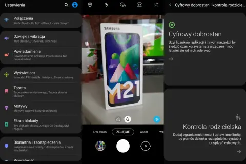Ekran telefonu z ustawieniami "Cyfrowy dobrostan" i "Kontrola rodzicielska" oraz pudełkiem telefonu Samsung M21.