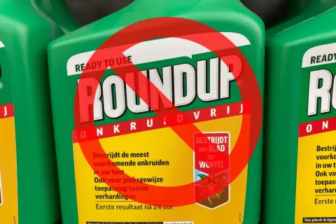 Butelki z zielonym środkiem ochrony roślin Roundup, z przekreślonym czerwonym okręgiem. Roundup wycofany.
