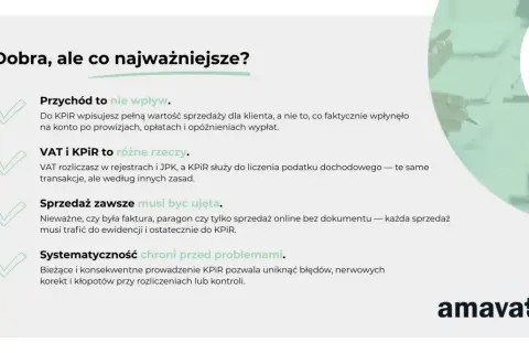 Grafika przedstawia listę kluczowych zasad prowadzenia KPiR, z zaznaczonymi zielonymi ptaszkami.