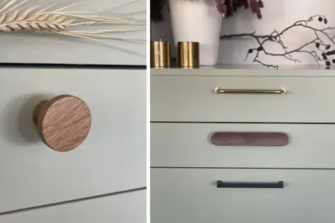 Detaljer på en ljusgrön byrå med olika handtag. Ett runt trähandtag, ett mässingshandtag och ett avlångt trähandtag. Vackert att måla på faner.