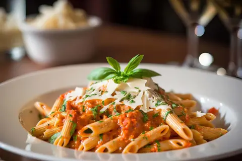 En tallrik penne med krämig tomatsås, toppad med parmesan och basilika. Perfekt till ett glas vin till vodkapasta.