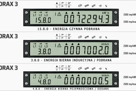 Trzy liczniki gama 350 Norax 3 pokazują różne pomiary energii: czynną pobraną (15.8.0 kWh), bierną indukcyjną/pobraną (3.8.0 kVArh) i bierną pojemnościową/oddana (4.8.0 kVArh).