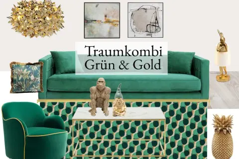 Grün und Gold: eine Traumkombination für Ihr Wohnzimmer. Ein grünes Sofa, Sessel, Kissen und ein Teppich mit goldenen Akzenten.
