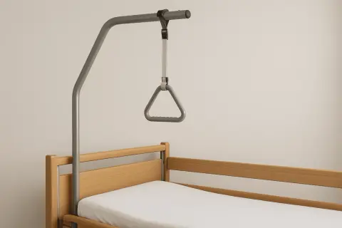 Bettgalgen mit Griff über einem Krankenbett. Ein wichtiges Hilfsmittel, das oft von der Krankenkasse übernommen wird.