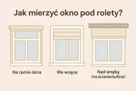 Ilustracja pokazuje, jak zmierzyć okno pod rolety: na ramie, we wnęce lub nad wnęką.