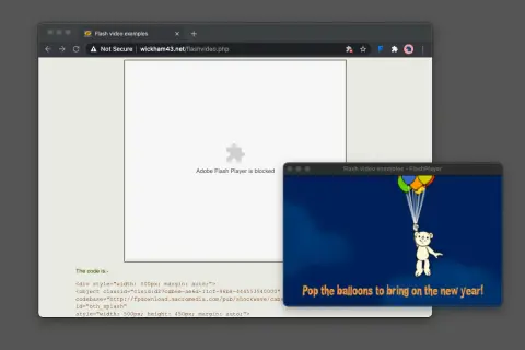 A teddy bear holds balloons in a Flash Player window, while the main browser window shows "Adobe Flash Player is blocked.