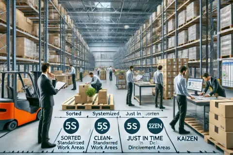 W magazynie pracownicy wdrażają narzędzia lean manufacturing, takie jak 5S i Kaizen, by usprawnić procesy.