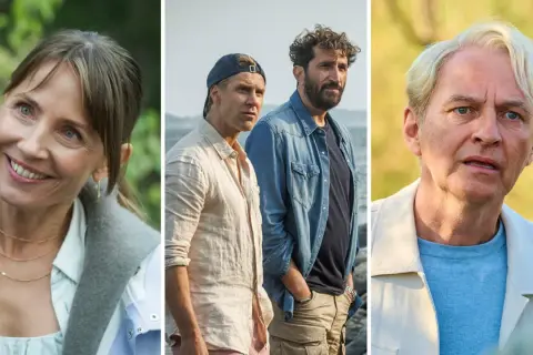 Tre ansikten från nya svenska filmer: en leende kvinna, två män vid havet och en äldre man.