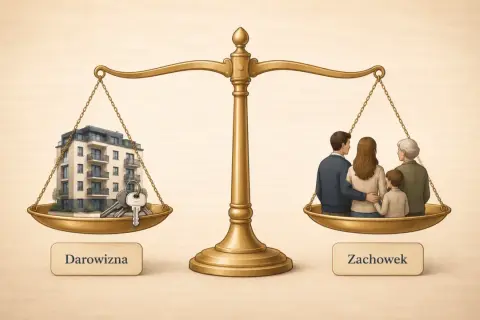 Waga szalkowa symbolizuje rozważania o darowiźnie i zachowku. Na jednej szalce budynek z kluczami, na drugiej rodzina.