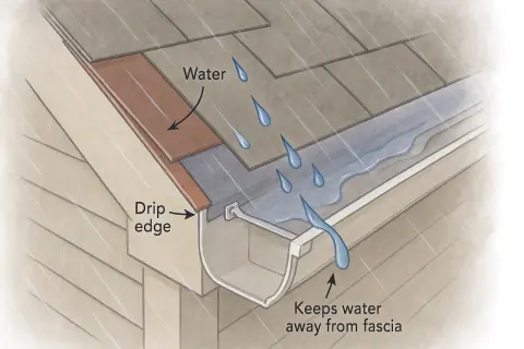Rainwater flows off a roof and onto a drip edge, directing it into a gutter to protect the fascia.