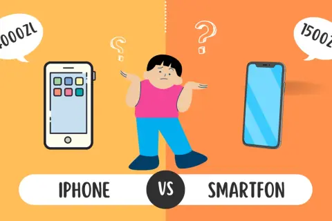 Chłopak zastanawia się, czym się różni iPhone (4000 zł) od smartfonu (1500 zł).