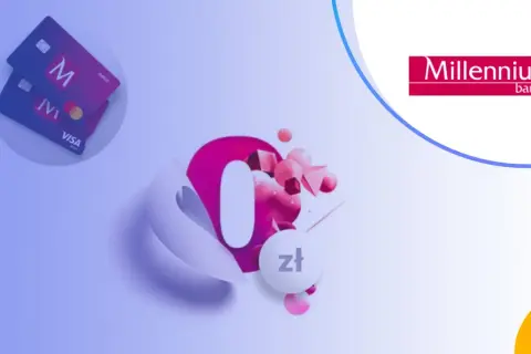 Karty Visa i Mastercard z logo Millennium. Grafika symbolizuje zero złotych, sugerując brak opłat za millennium konto 360.