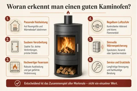 Ein moderner Kaminofen mit brennendem Holz. Links und rechts sind sechs Punkte aufgeführt, die einen guten Kaminofen ausmachen, z.B. Heizleistung, Verarbeitung, Feuerraum, Luftzufuhr, Wärmespeicherung und Service. Die richtige temperatur ist entscheidend.