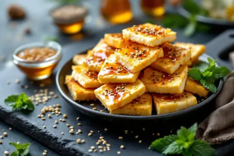 Carrés de halloumi grillé, nappés d'une sauce dorée et parsemés de graines de sésame. Une garniture de menthe fraîche complète ce plat appétissant.