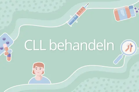 Illustration zeigt Medikamente, Spritze und Lupe, die auf die Behandlung von CLL-Stadien hinweisen.