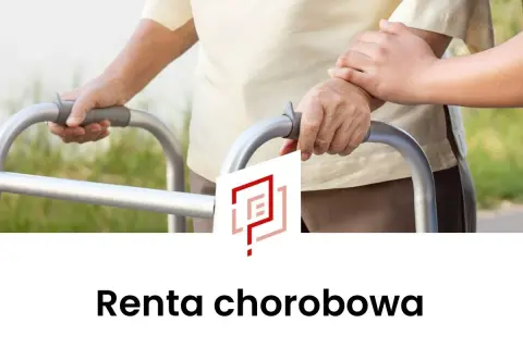 Osoba starsza z pomocą opiekuna korzysta z chodzika. Temat: renta chorobowa.