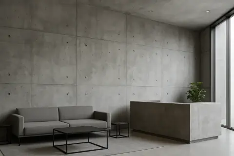 Nowoczesne wnętrze z betonem dekoracyjnym na ścianie. Sofa, stolik i recepcja tworzą minimalistyczną przestrzeń.