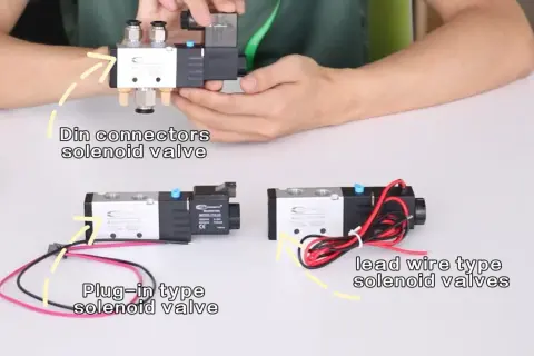 Branchement électrovanne 24v : trois types sont montrés : à connecteurs DIN, à fiche et à fils volants.