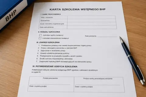 Karta szkolenia wstępnego BHP z polami do wypełnienia przez pracownika i prowadzącego. Dokument zawiera sekcje dotyczące danych pracownika, rodzaju szkolenia, zakresu tematycznego oraz potwierdzenia odbycia.