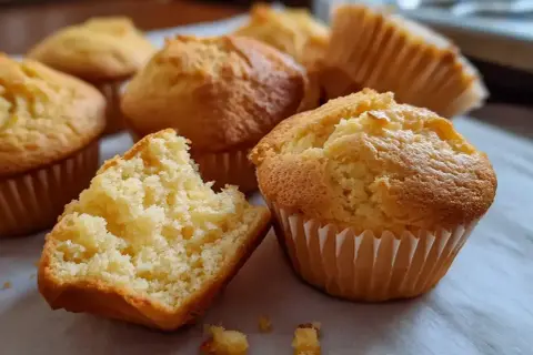 Nybakade, fluffiga glutenfria kakor i pappersformar. En är uppdelad och visar en mjuk insida.