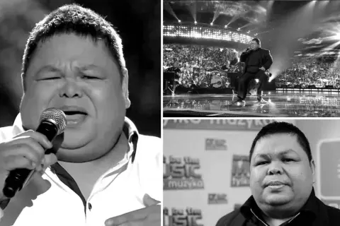 Artysta z pasją śpiewa "Besame Mucho" na scenie, a obok jego portret i zdjęcie z koncertu.