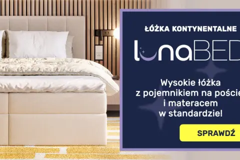 Wysokość łóżka z materacem LunaBED zapewnia komfortowy wypoczynek. Eleganckie łóżko kontynentalne z pojemnikiem na pościel.