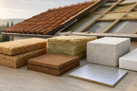 Vari materiali per l'isolamento tetto esterno, tra cui fibra di legno e lana di roccia, pronti per migliorare l'efficienza energetica.