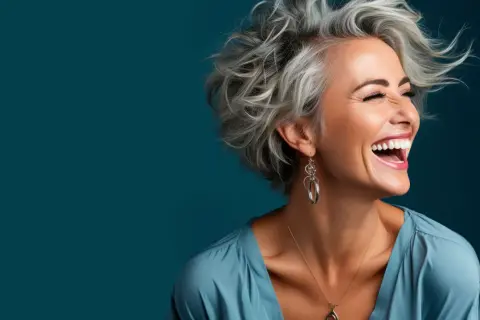 Frau mit vollem Lachen und auffälligen blau grauen Haaren, die im Wind wehen. Sie trägt einen blauen Seidenstoff und auffälligen Schmuck.