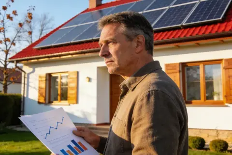 Mężczyzna z analizą danych przed domem z panelami słonecznymi. Planuje instalację banku energii 10kW.