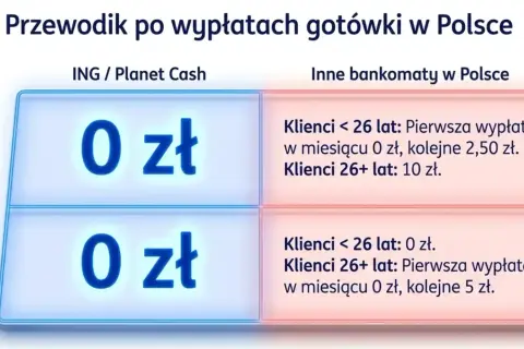 Tabela porównująca opłaty za wypłaty gotówki w bankomatach ING / Planet Cash (0 zł) i innych bankomatach w Polsce, z podziałem na wiek klientów.