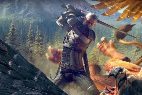 Geralt z Rivii walczy z potworami w lesie, zapowiada się wiedzmin 1 remake.