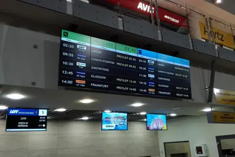 Lublinek tablica lotów pokazuje przyloty i odloty. Widać loty do Lwowa, Londynu, Frankfurtu i innych.