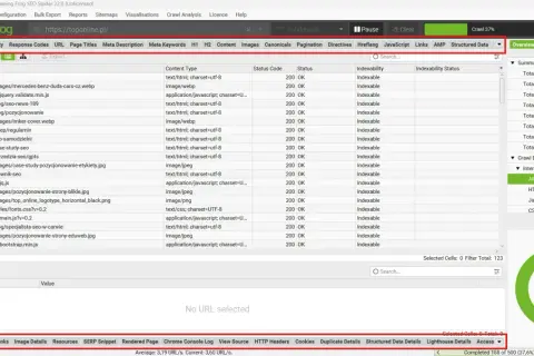 Screaming Frog SEO Spider analizuje strony, pokazując listę adresów URL. Wśród nich jest "screaming frog" jako nazwa pliku.