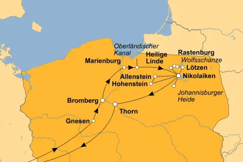 Karte mit Reiseroute durch Polen: Marienburg, Allenstein, Rastenburg, Wolfsschanze, Johannisburger Heide – spannende Dinge zu sehen!
