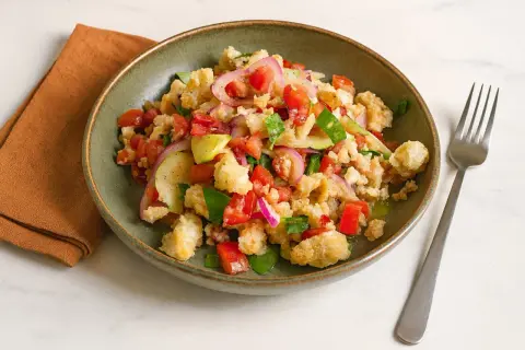 Bunter Brotsalat mit Tomaten, Gurken und roten Zwiebeln. Ein köstliches Brotsalat Rezept, das Lust auf mehr macht.