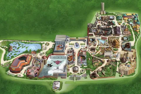 Karte des Phantasialands mit verschiedenen Themenbereichen wie Rookburgh und China Town. Seit 1967 gibt es das Phantasialand.