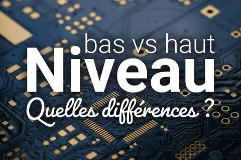 Carte mère avec texte : "Niveau bas vs haut. Quelles différences ?" Exploration du low level programming.