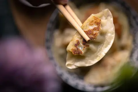 Ein Stäbchen hebt eine goldbraun gebratene Gyoza-Dumpling aus einer Schüssel.