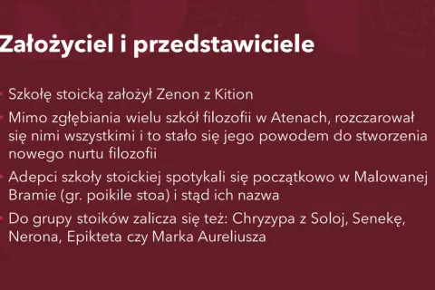 Zenon z Kition założył szkołę stoicką. W przeciwieństwie do epikureizmu, stoicyzm skupiał się na cnocie i rozumie.