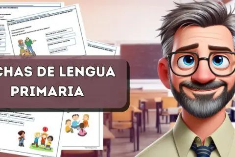 Un profesor sonriente presenta fichas de lengua para primaria con ilustraciones de niños.