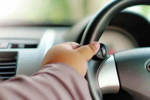 Main d'un conducteur sur le volant, activant le limiteur de vitesse.