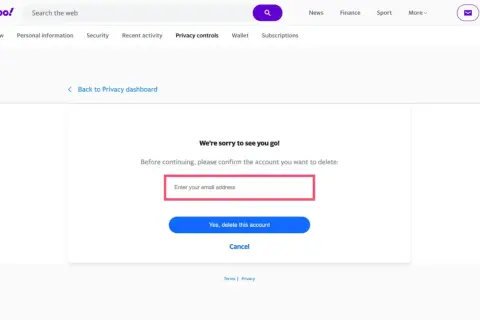 Page de confirmation pour comment supprimer une adresse mail Yahoo. Saisissez votre adresse pour effacer le compte.
