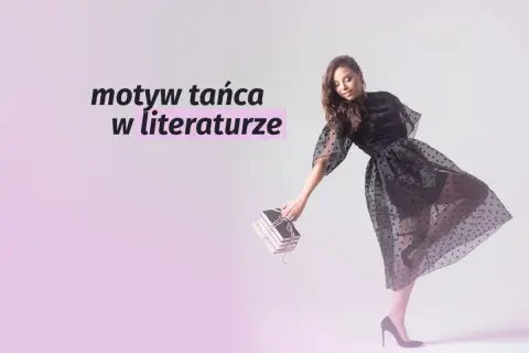 Kobieta w czarnej sukience tańczy, trzymając stos książek.