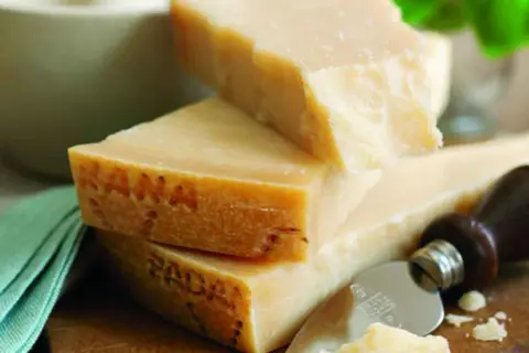 Pezzi di Grana Padano, formaggio a pasta dura, con un coltello da formaggio. La sua origine è legata alla Pianura Padana.