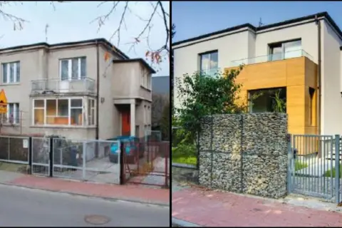Przed i po: odnowiony dom kostka zyskał nowoczesny wygląd, nową elewację i kamienny mur.