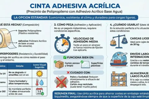 Cinta adhesiva acrílica, con adhesivo elástico, ideal para cargas ligeras, envíos y almacenaje a largo plazo.