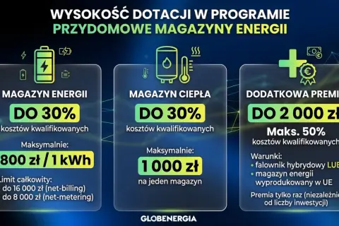 Dotacje na magazyn energii: do 30% kosztów, maks. 800 zł/kWh. Dodatkowa premia do 2000 zł.